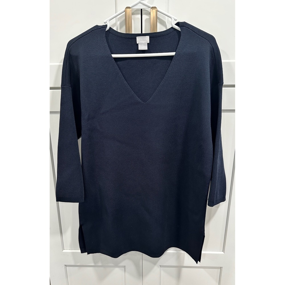 Chico's Travelers Tunic Top V-Neck 3/4 Sleeve Knit Pullover Navy Size‎ 0